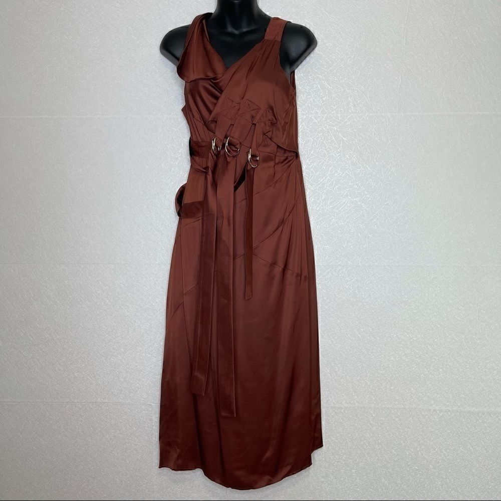 ALTUZARRA Bias Cut Sleeveless Satin Buckle Dress Rust 40